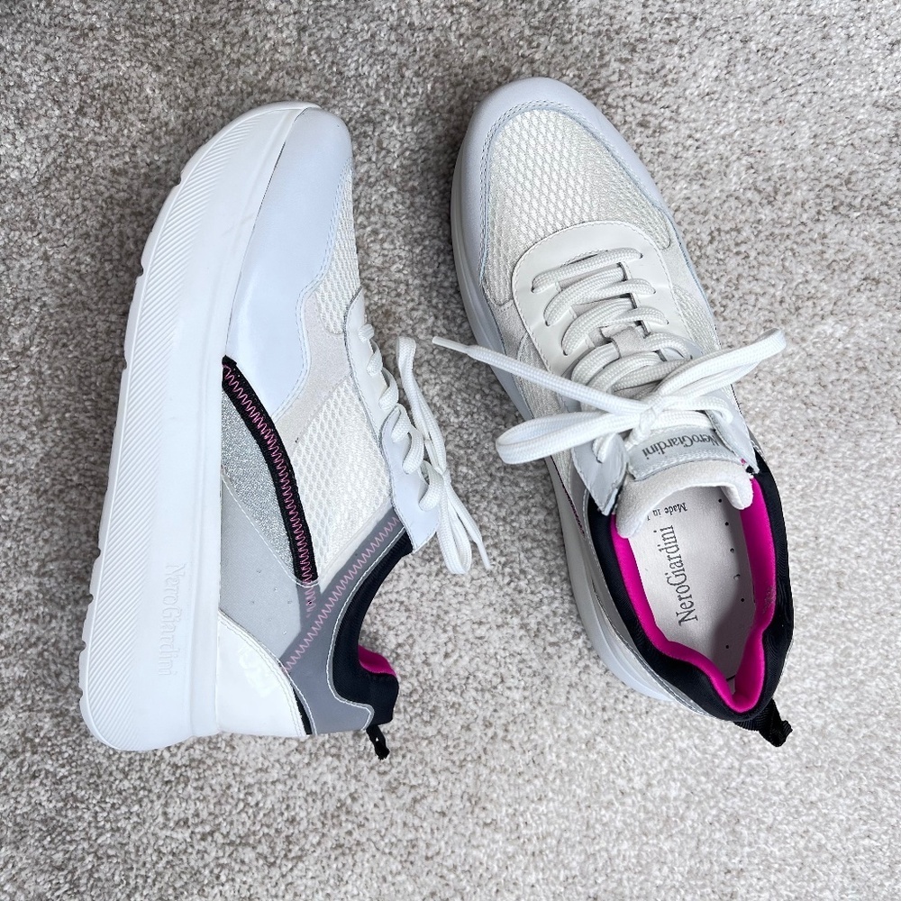 NEW Nero Giardini Platform Sneakers Pink Silver Glitter White Black 37 7